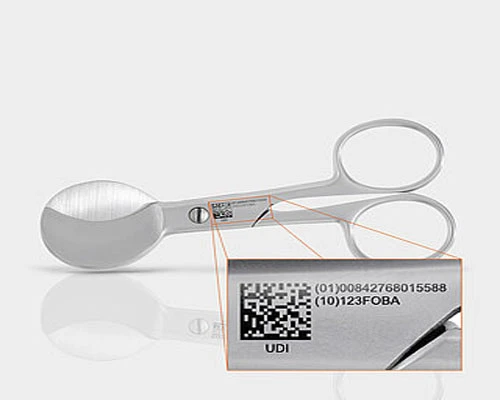 Laser marking permanent QR Code on surgery scissor